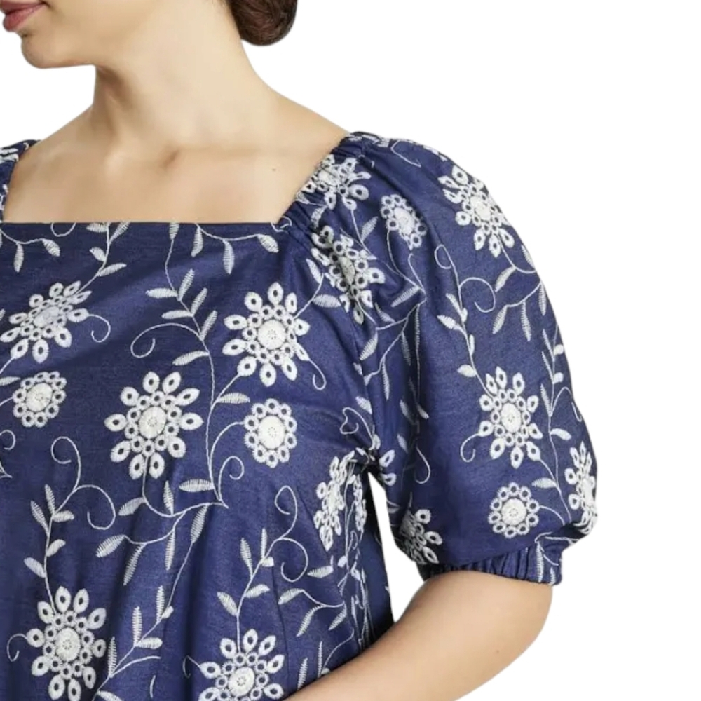 ANNE KLEIN Blue Embroidered Chambray Denim Dress 12 Floral Cotton Shift - Picture 15 of 16